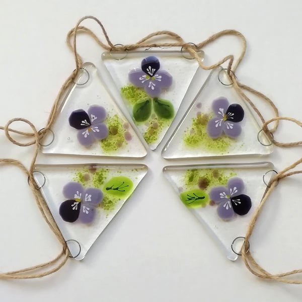 Pansy Flower Bunting: Garden Decoration Garland, fused glass bunting.