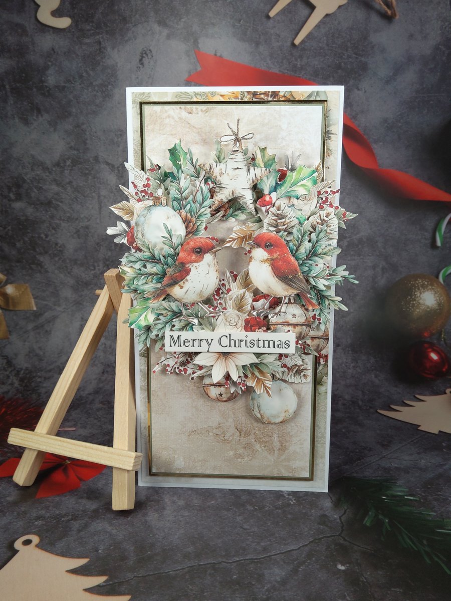Handmade Christmas Card (69) Robins & Winter Wreath