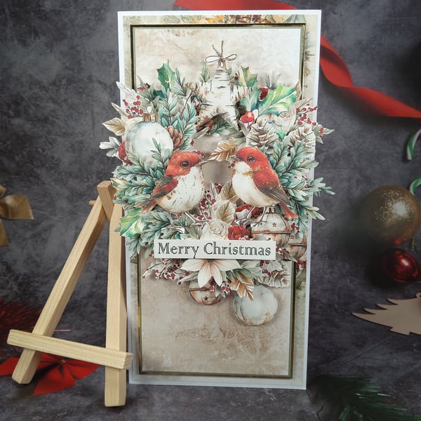 Handmade Christmas Card (69) Robins & Winter Wreath