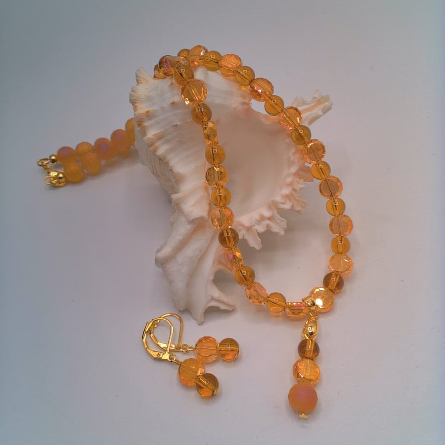 Sparkly Topaz and Amber Coloured Glass Bead Necklace and Earrings Set