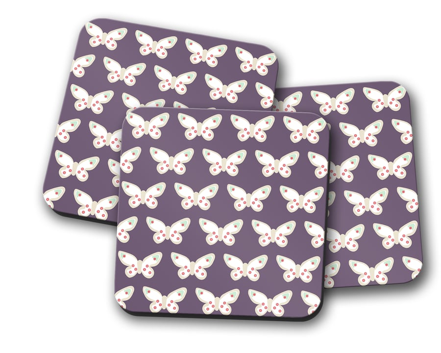 Set of 4 Purple with Butterfly Design Coasters