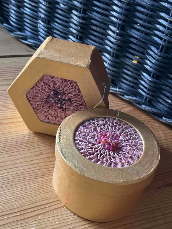 Simple Trinket Box with Hand Smocked and Beaded Insert to Lid