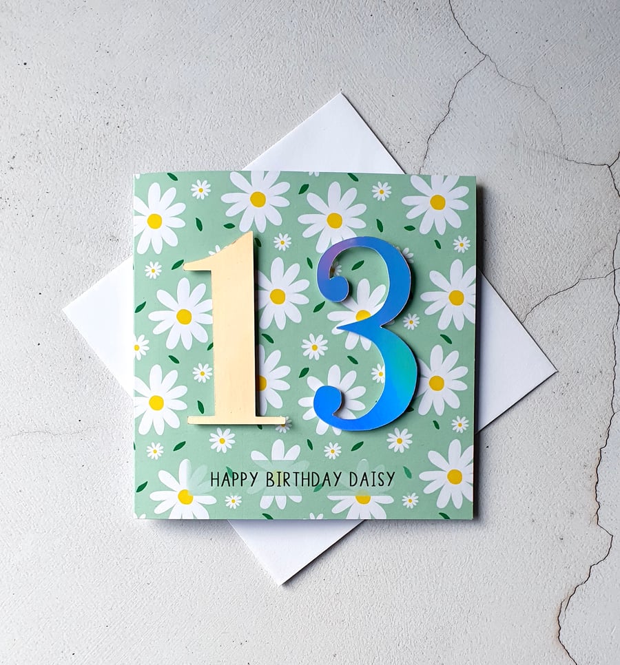 Daisy 13th Birthday Card, Personalised Age Card