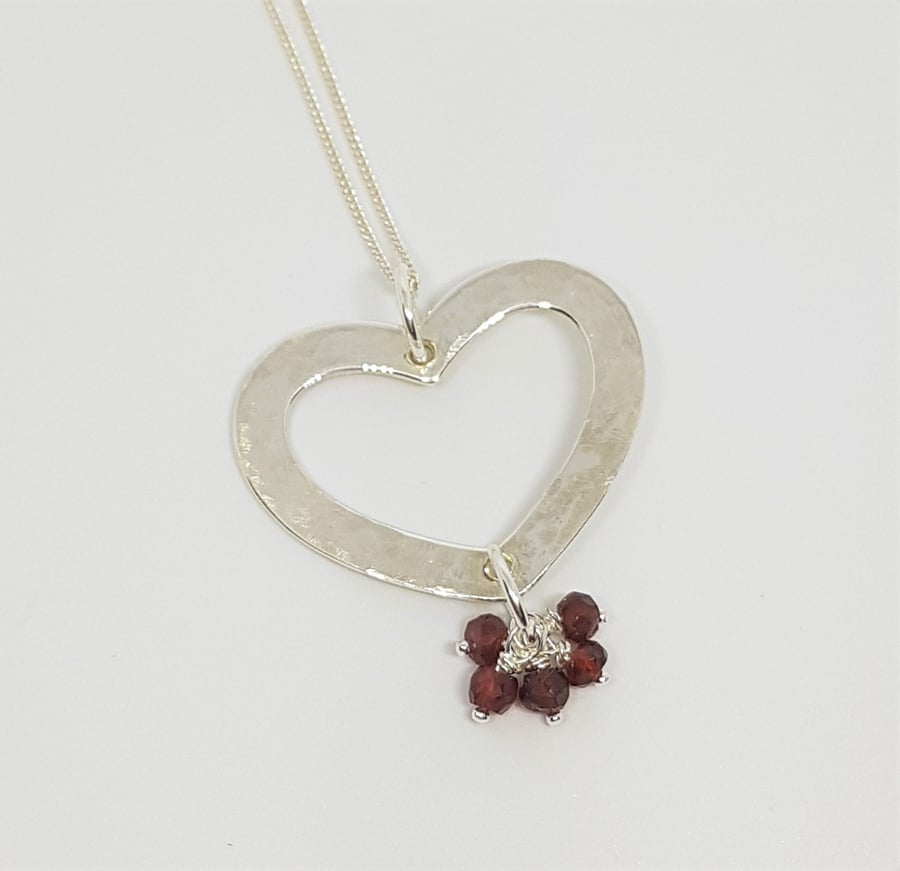 Hammered Sterling Silver Heart Pendant with Garnet Gemstone Drops