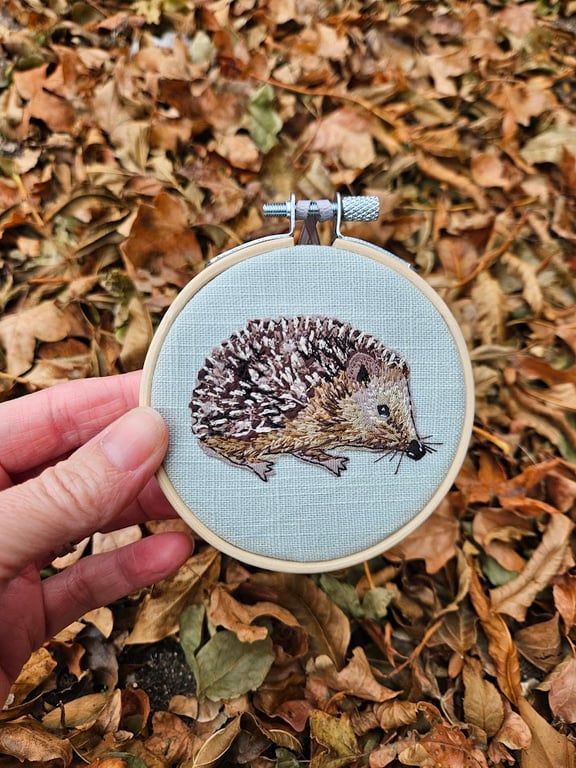 Hedgehog mini hoop, handmade hanging decoration, embroidered