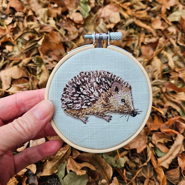 Hedgehog mini hoop, handmade hanging decoration, embroidered