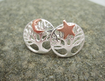 Star Moon Earrings Silver Tree of Life Earrings, Studs Stars, Moon, Copper, 