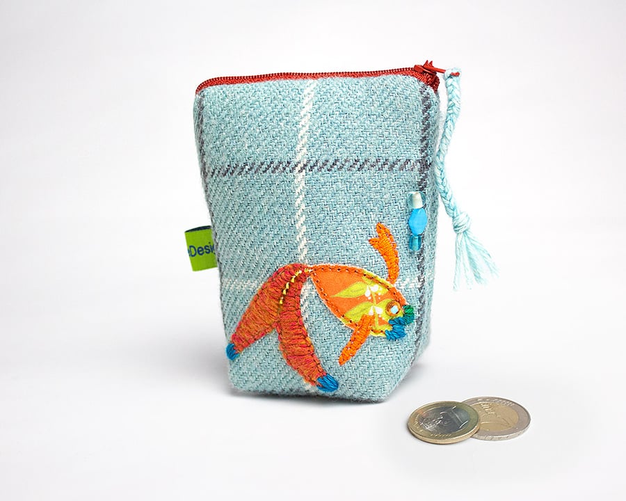 Aqua check coin purse with fish embroidery