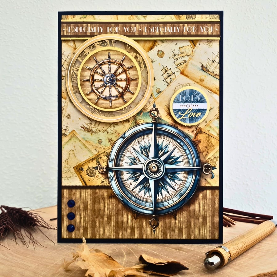 Nautical themed card for various occasions with a compass & pirate ship wheel