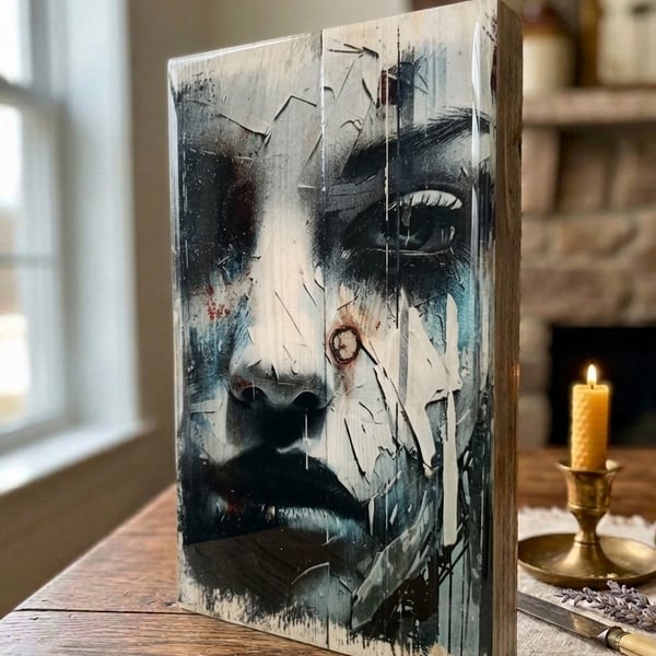 Street Art Portrait, Monochromatic Art, Grunge Wood Block, Photo Transfer Art