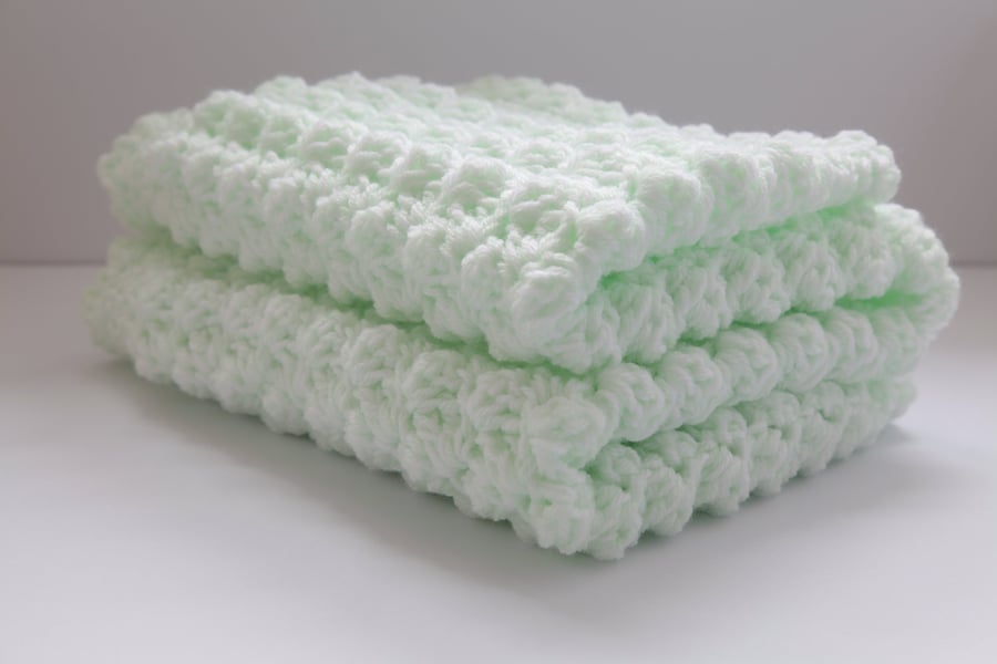 Crochet Baby Blanket, handmade new baby gift in mint green and white