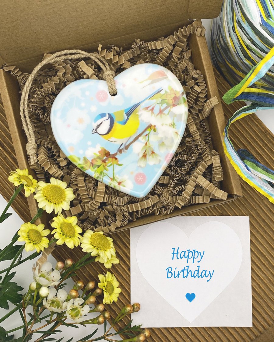 Bluetit with Cherry Blossom Heart - Keepsake Gift & Hanging Decoration