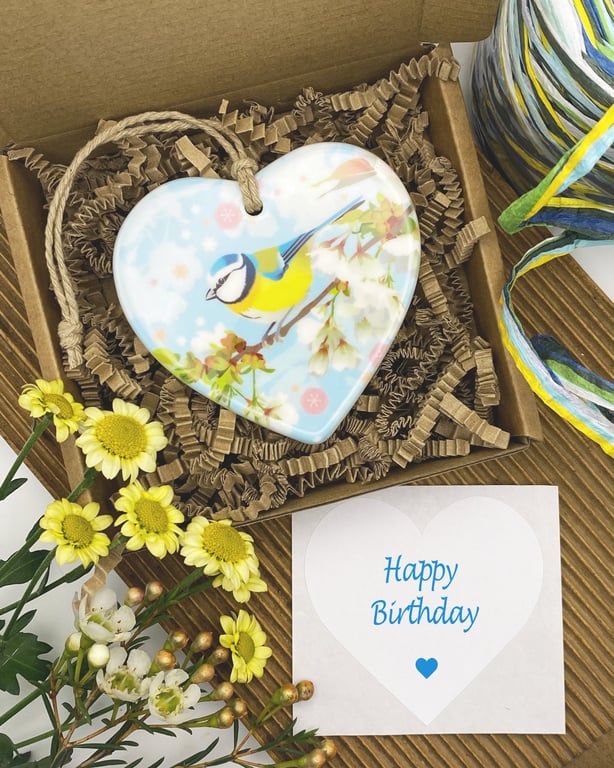 Bluetit with Cherry Blossom Heart - Keepsake Gift & Hanging Decoration