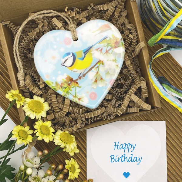 Bluetit with Cherry Blossom Heart - Keepsake Gift & Hanging Decoration
