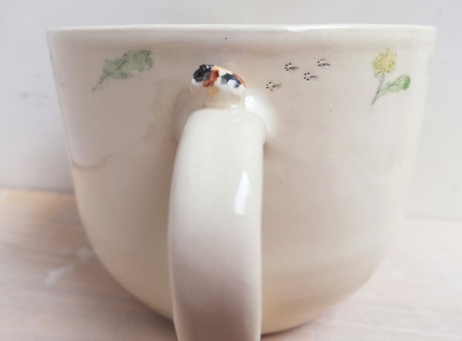 Guinea pig cup with dandilions & carrot, tiny pig and pawprints, pet lover gift