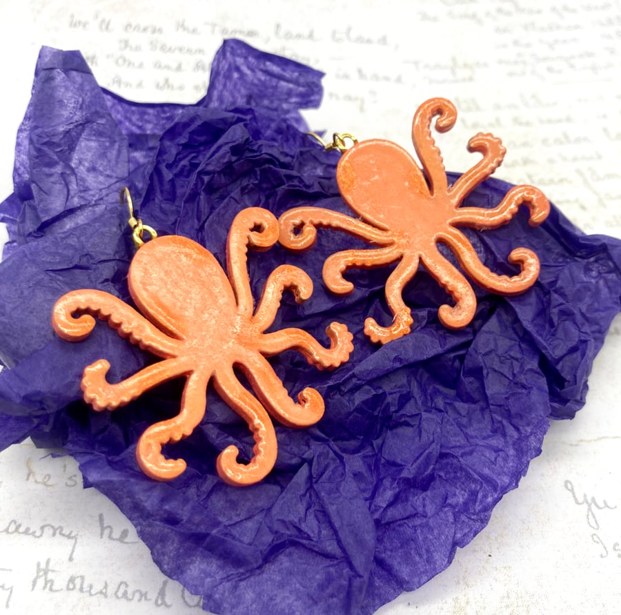 Orange octopus wooden statement earrings