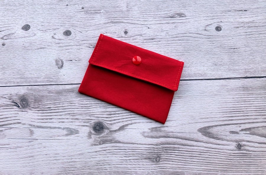 Red cotton fabric card holder pouch. Loyalty, credit, debit cards purse. 