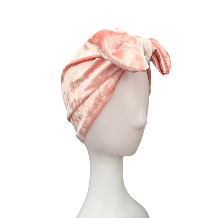 Blush Pink Velvet Turban Hat Retro Style Stretchy Soft Cozy Bow Turban Head Wrap
