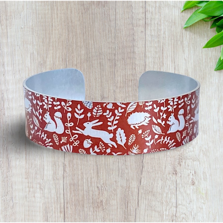 Wildlife cuff bracelet, bangle with squirrel, hedgehog, hares, 