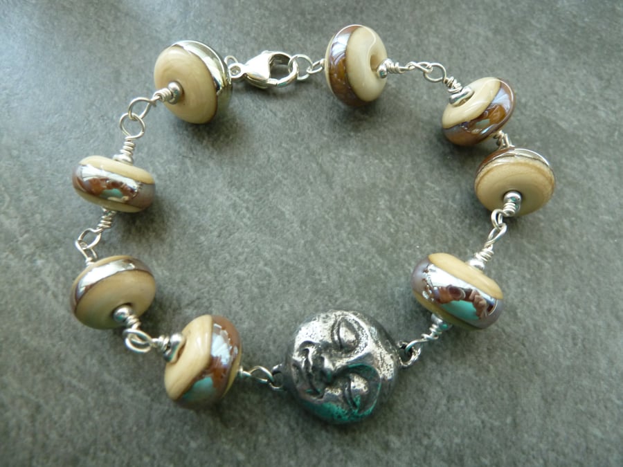 man in the moon sterling silver, lampwork and pewter bracelet