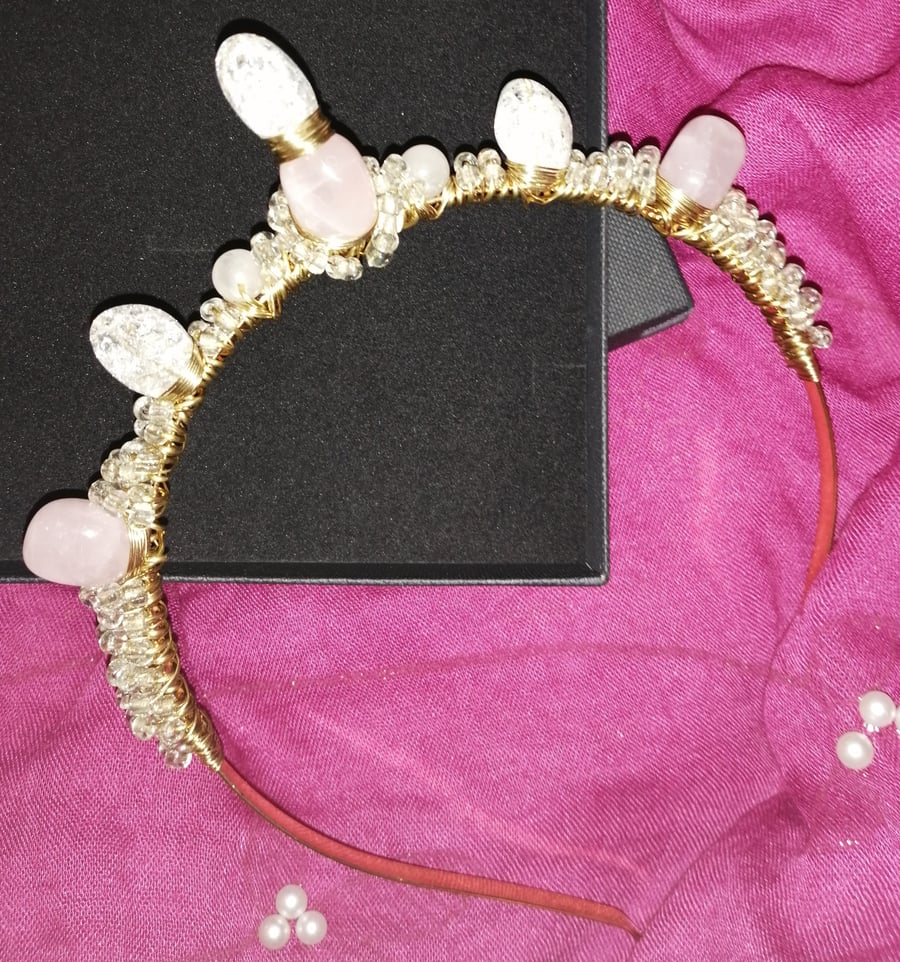 Love Quartz Crystal and Beaded Wired Goddess Crown Tiara