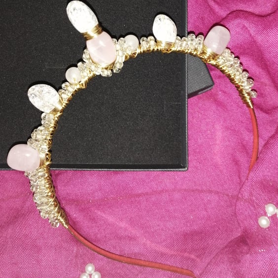 Love Quartz Crystal and Beaded Wired Goddess Crown Tiara