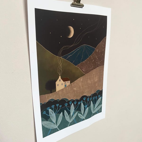 A4 Art print illustration wall art rural cottage under a moon