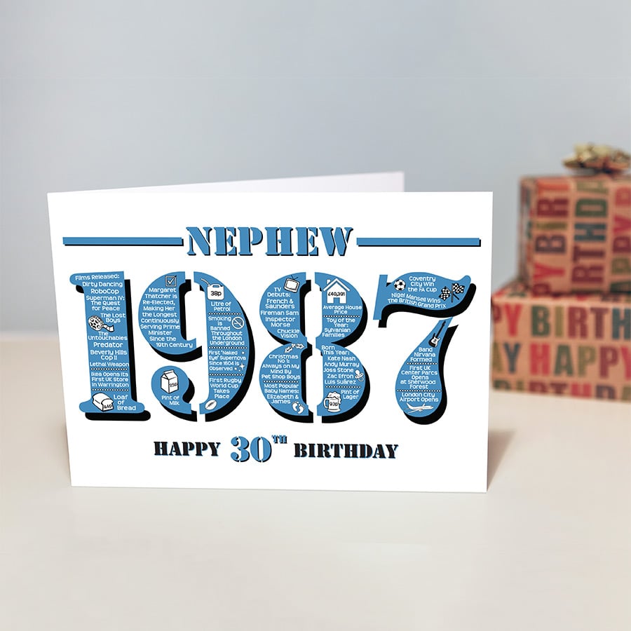 Happy 30th Birthday Nephew Greetings Card - Year of Birth - Born in 1987 Facts