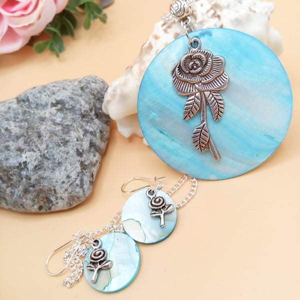 Turquoise Shell and Rose Pendant with Matching Earrings, Gift for Her