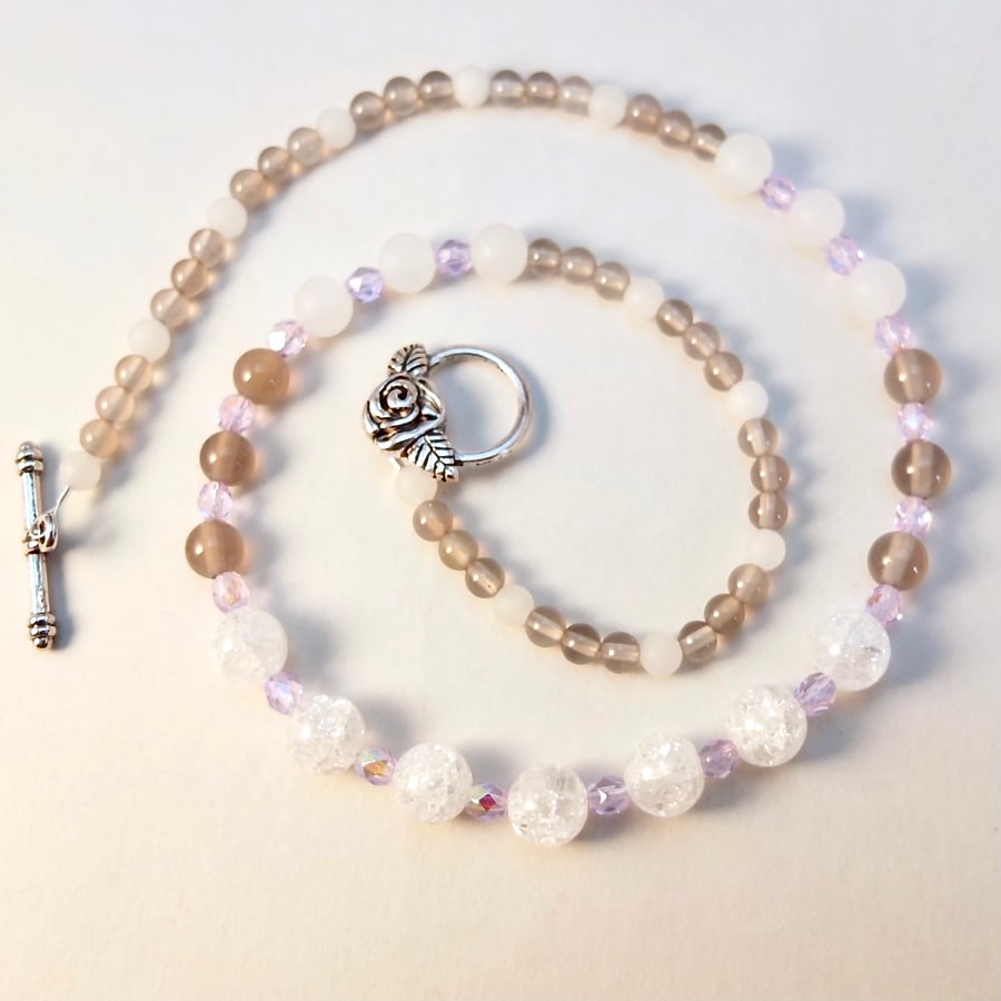 Crackle Quartz, Grey Agate And Czech Glass Crystal Necklace - Handmade In Devon