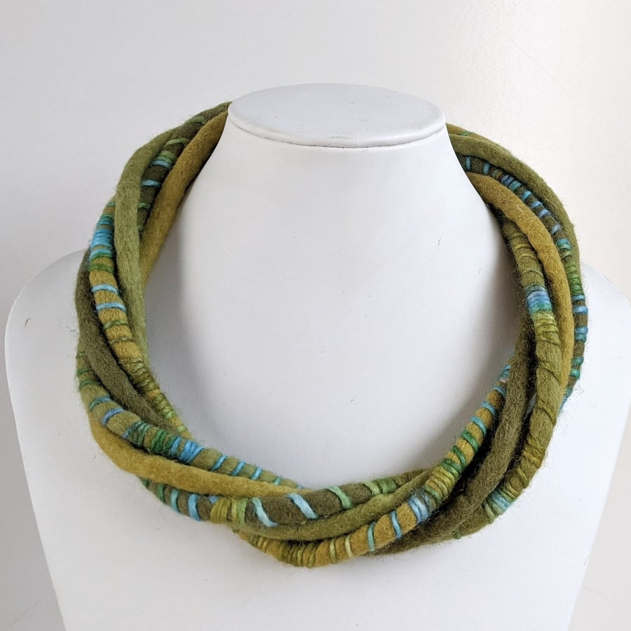 The Wrapped Twist: felted cord necklace in olives and chartreuse yellow
