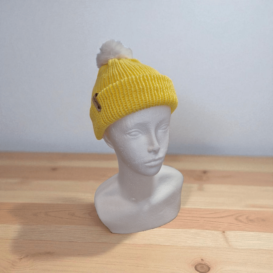 Childs Knitted Pompom Hat in sunshine yellow