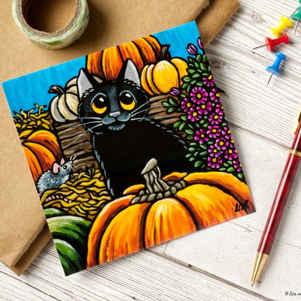 Black Cat, Mouse and Pumpkins Postcard