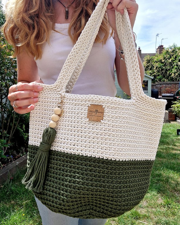 Cotton Crochet Shoulder Bag In Olive Green & Natural Off White