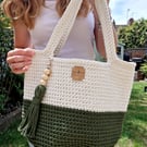 Striped Crochet Shoulder Bag - Handmade Cotton Boho Market Tote in Olive Green &
