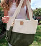 Cotton Crochet Shoulder Bag In Olive Green & Natural Off White