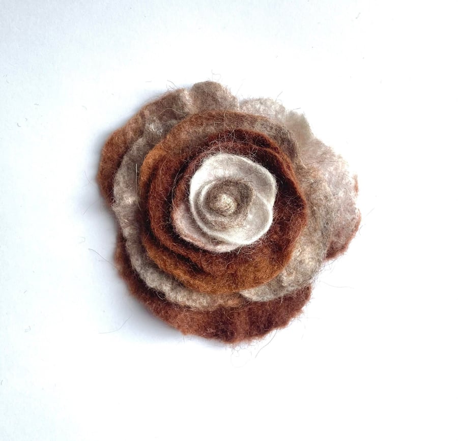 Rose Brooch Handmade Jewelry Merino Wool Felt Floral Pin Unusual Jewellery Brown