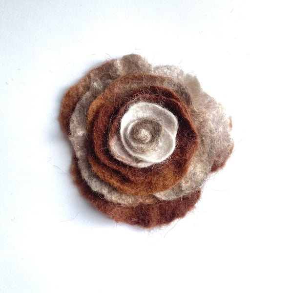 Rose Brooch Handmade Jewelry Merino Wool Felt Floral Pin Unusual Jewellery Brown