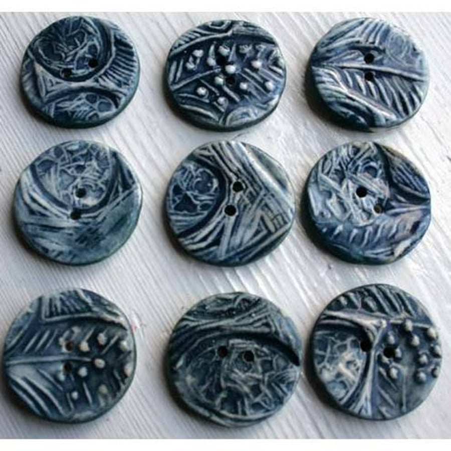 5 Ceramic buttons - inky blue eggs and feather buttons