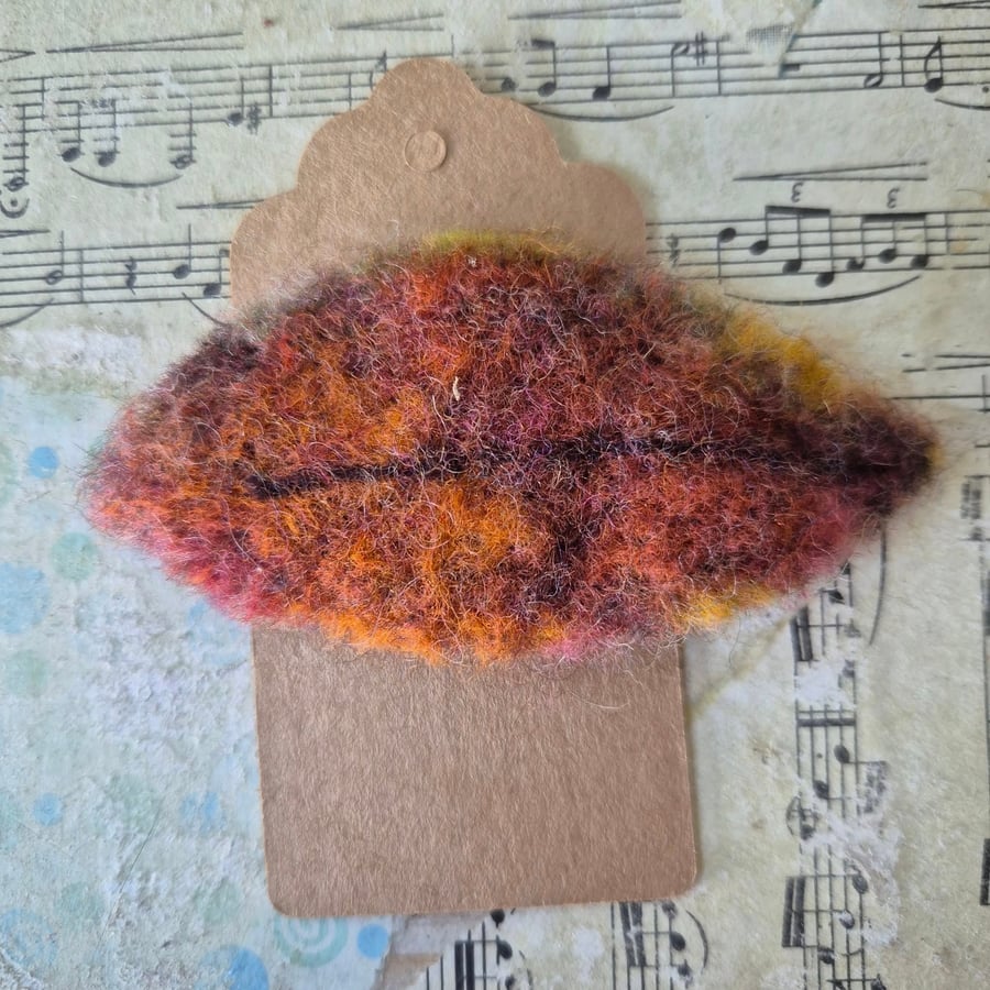 Brown leaf needle felted brooch