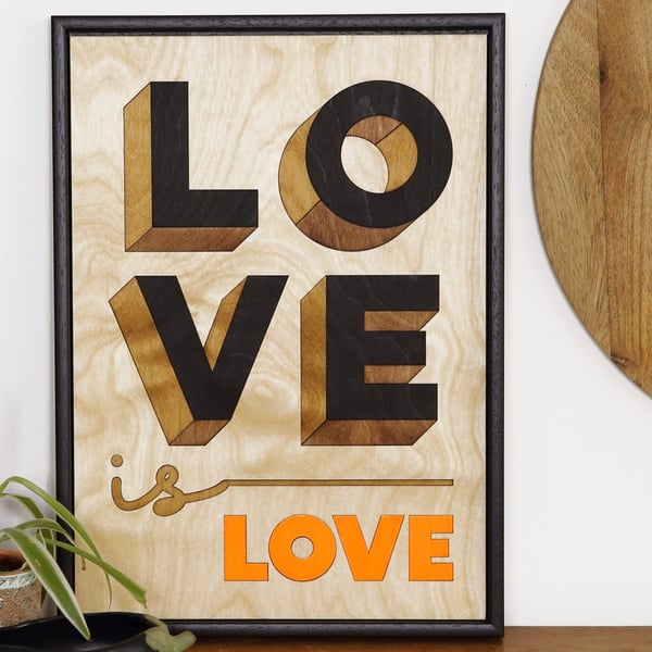 WOODEN TYPOGRAPHIC SIGN: LOVE IS LOVE - BLACK
