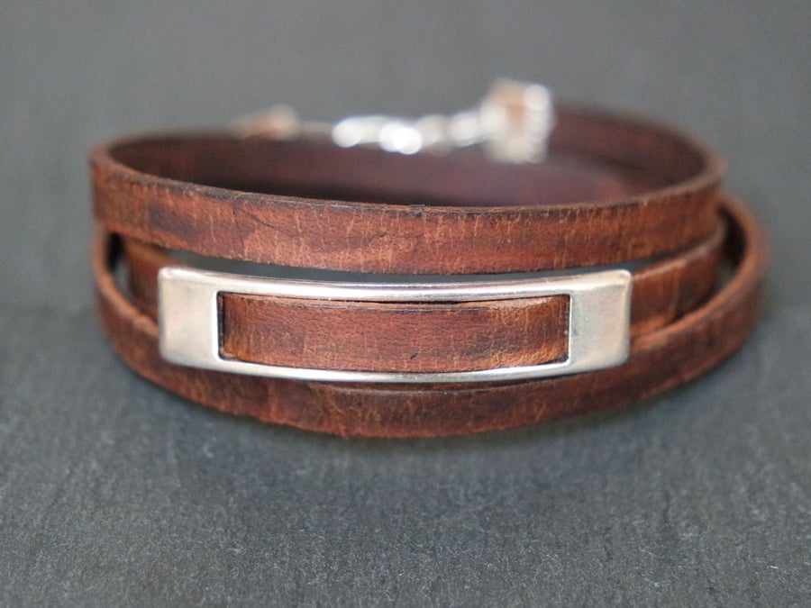 Leather wrap bracelet - rectangular brown silver 