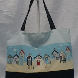 Large Tote Shoulder Bag  Beach Bag With Beach Huts In Cotton And Denim 