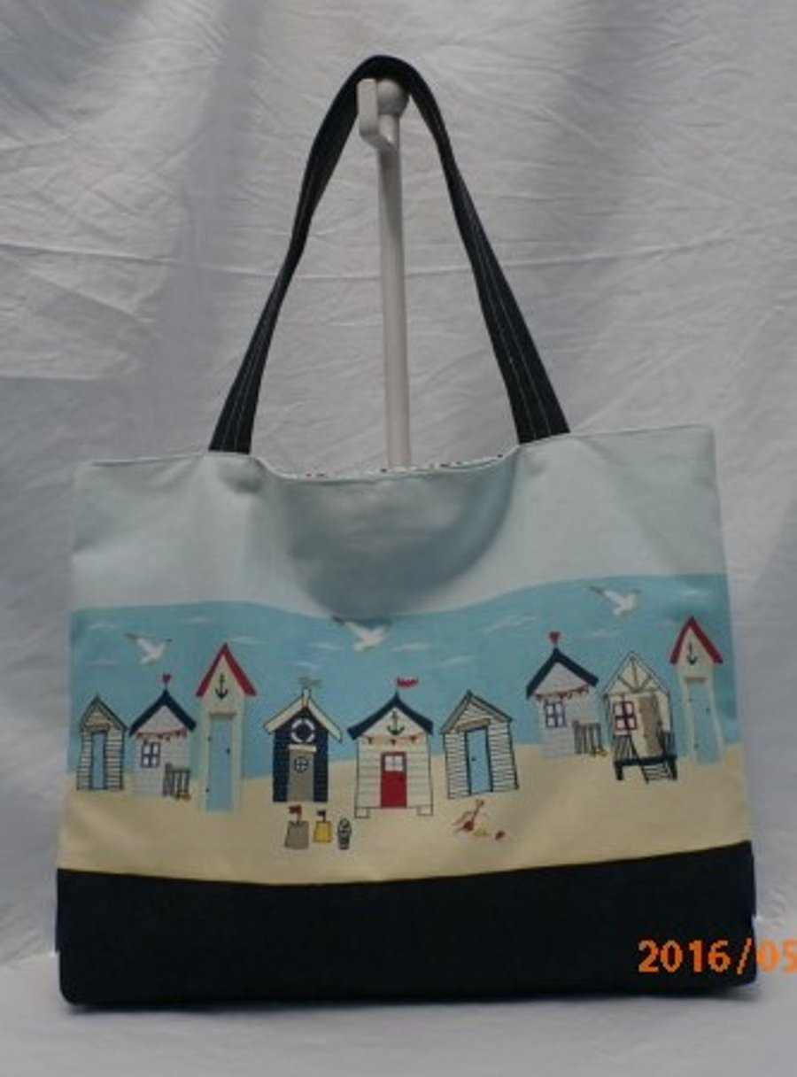Large Tote Shoulder Bag  Beach Bag With Beach Huts In Cotton And Denim 