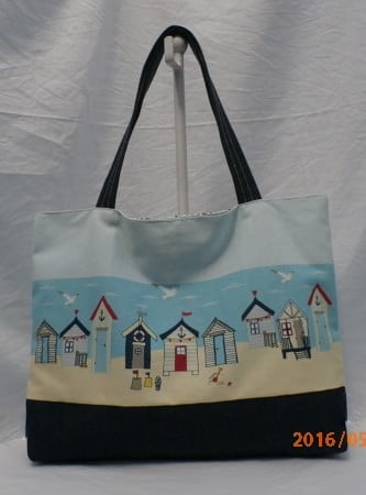 Large Tote Shoulder Bag  Beach Bag With Beach Huts In Cotton And Denim 