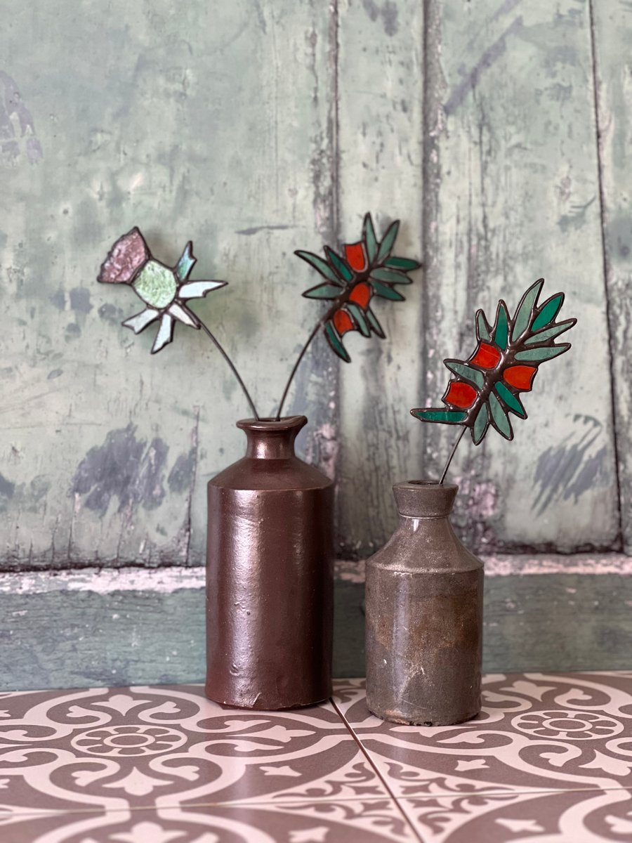 Stained glass yew branch - glass evergreen stem with berries