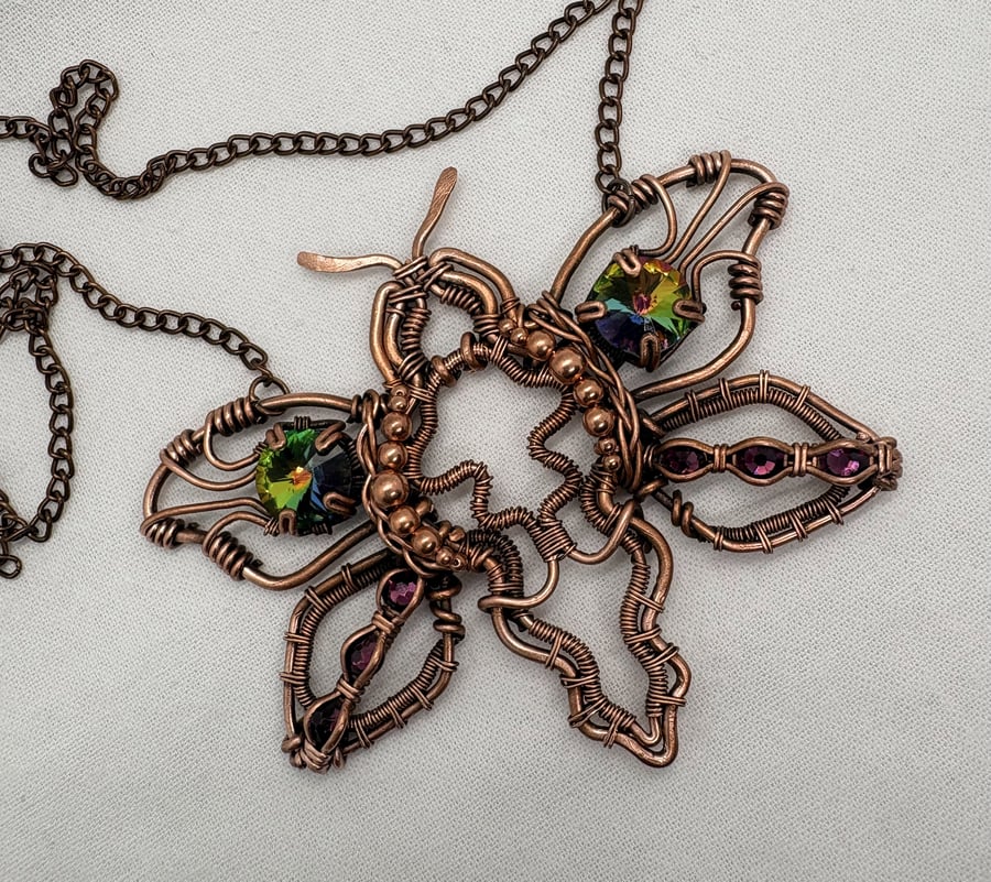 Antique copper wire wrapped Deaths-Head moth pendant