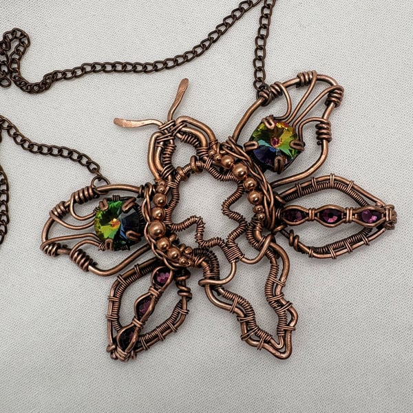 Antique copper wire wrapped Deaths-Head moth pendant