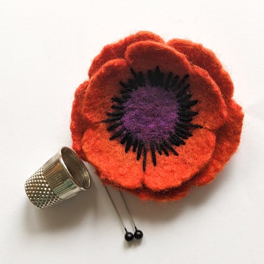 Felted flower brooch - orange anemone