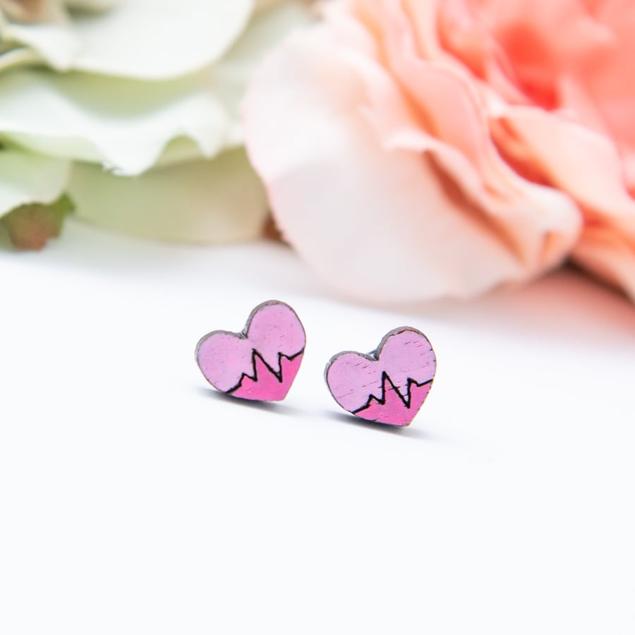 Hand Painted Wooden Heart Earrings, Heart Studs, Wood Earrings, Hearts